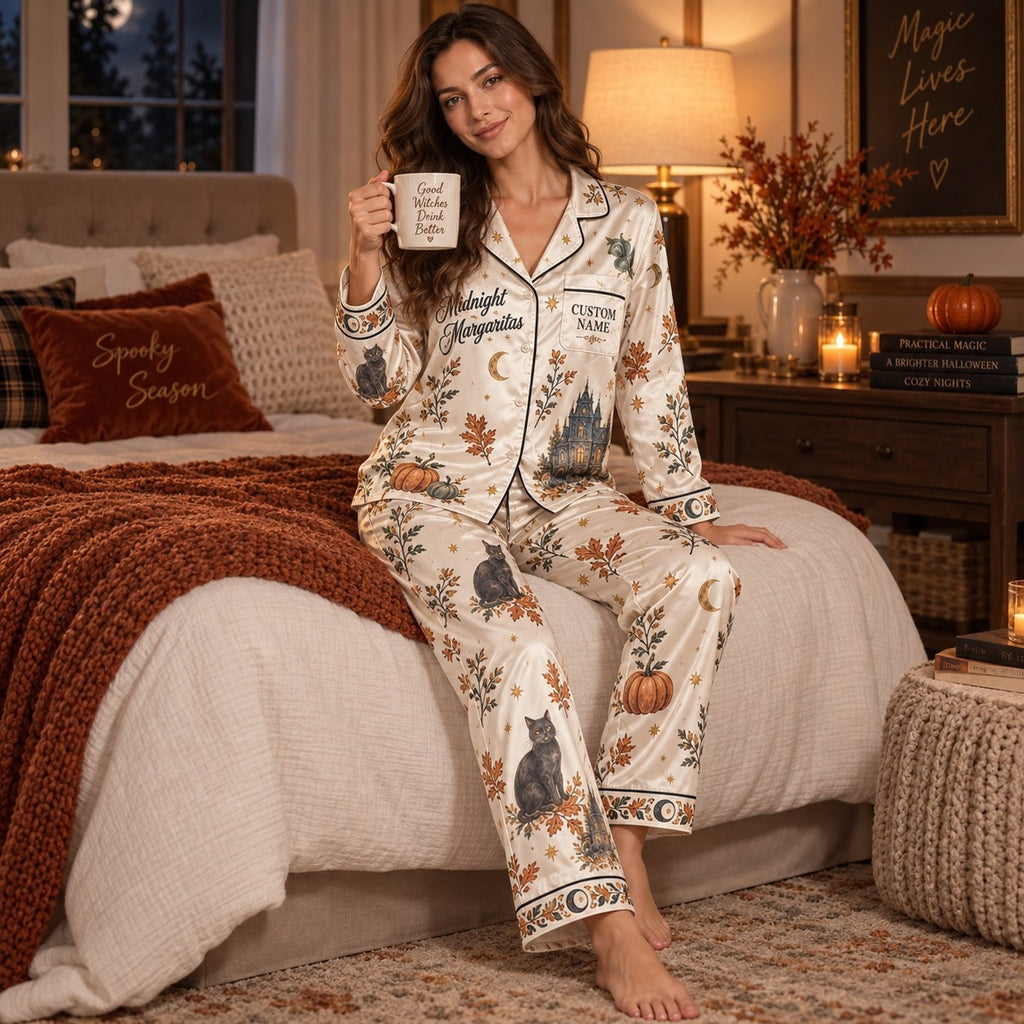 pajama set back view showing haunted house graphic and quote