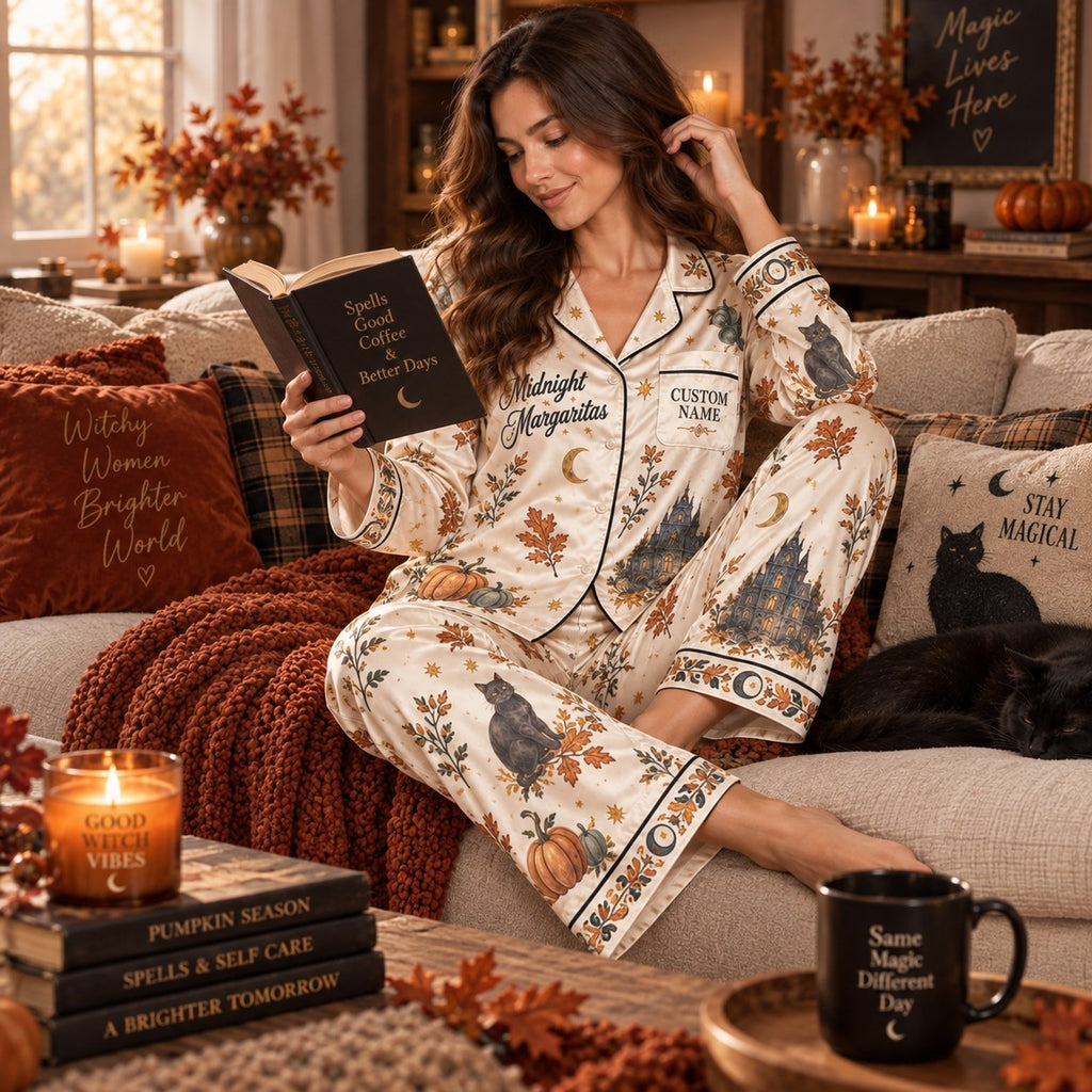 woman reading on couch in witch themed satin sleepwear set