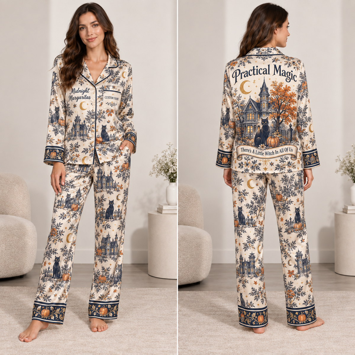 satin pajama set, midnight margaritas all over print