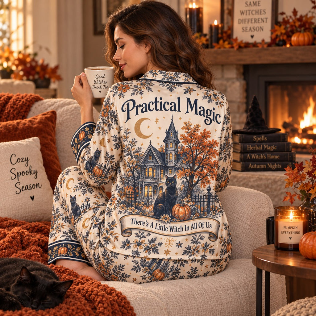 pajama set flat lay with pumpkins and candle