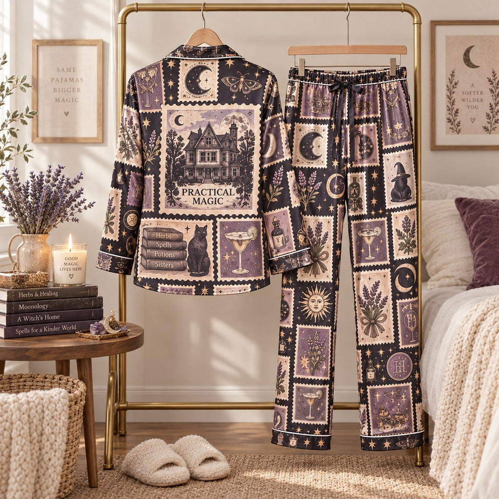 witchy patchwork satin pajama set hanging on a gold clothing rack, back view