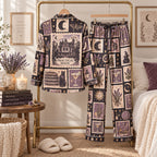 witchy patchwork satin pajama set hanging on a gold clothing rack, back view
