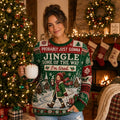 woman wearing ugly christmas sweater with probably just gonna jingle some of