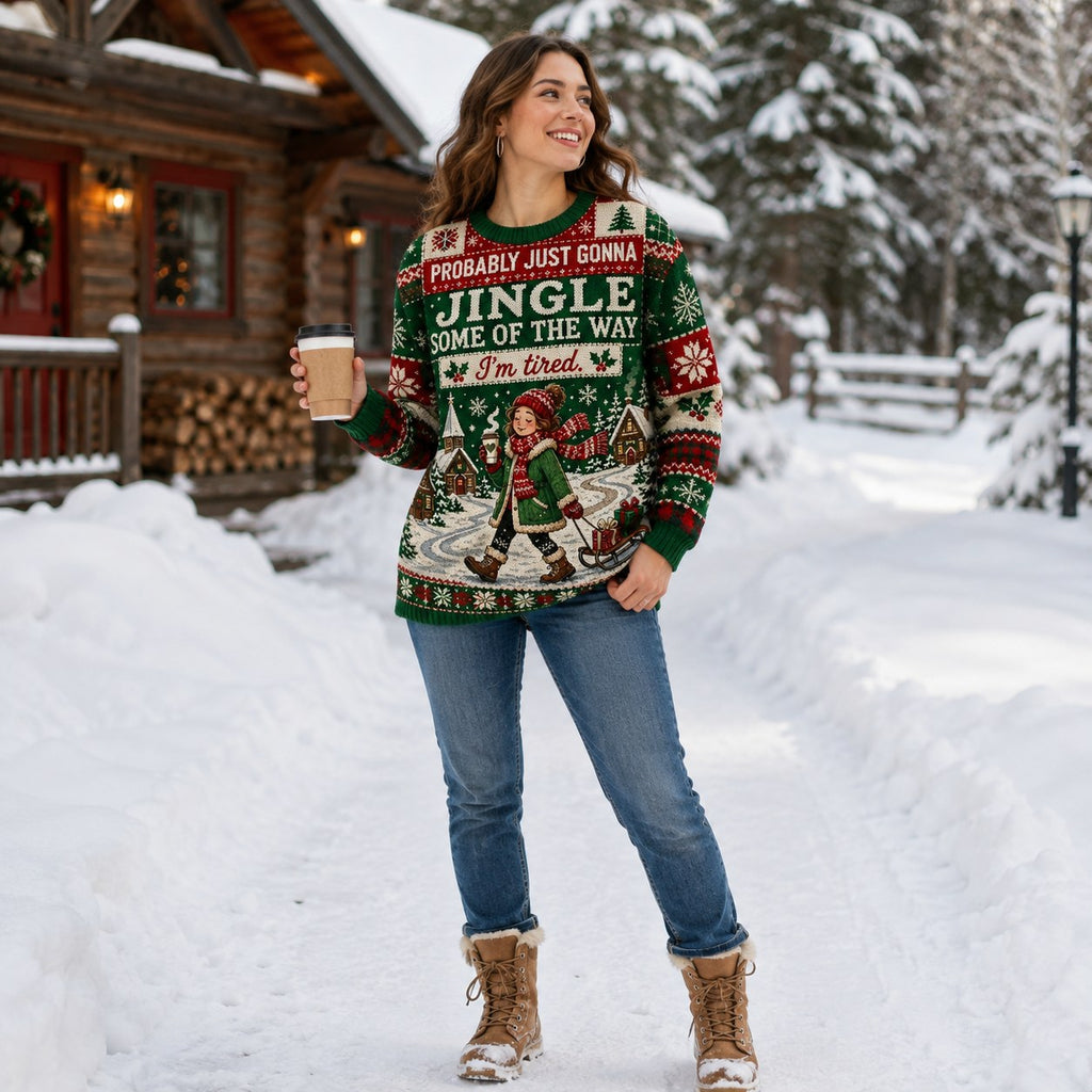 woman in ugly christmas sweater standing in snowy yard holding coffee near