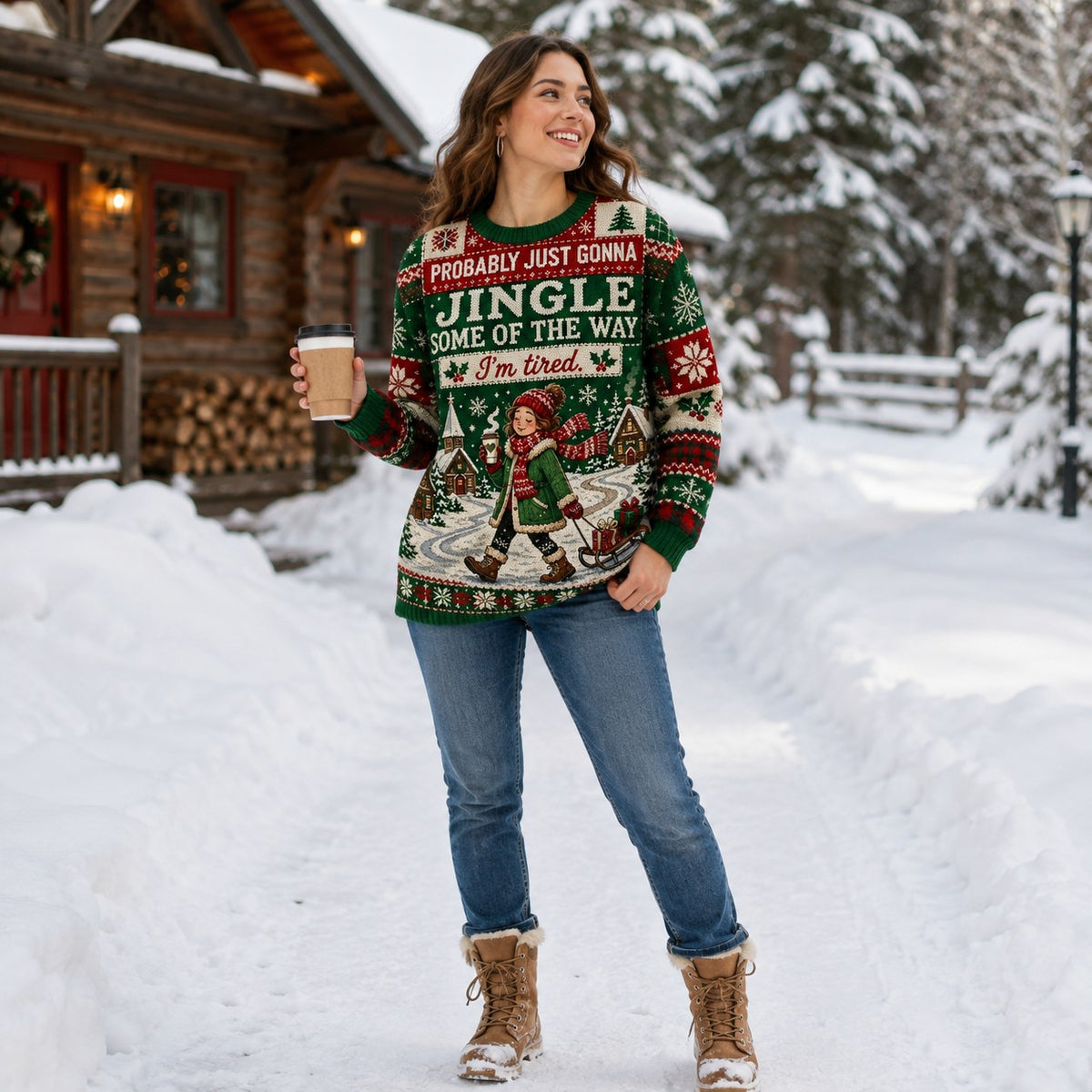 woman in ugly christmas sweater standing in snowy yard holding coffee near
