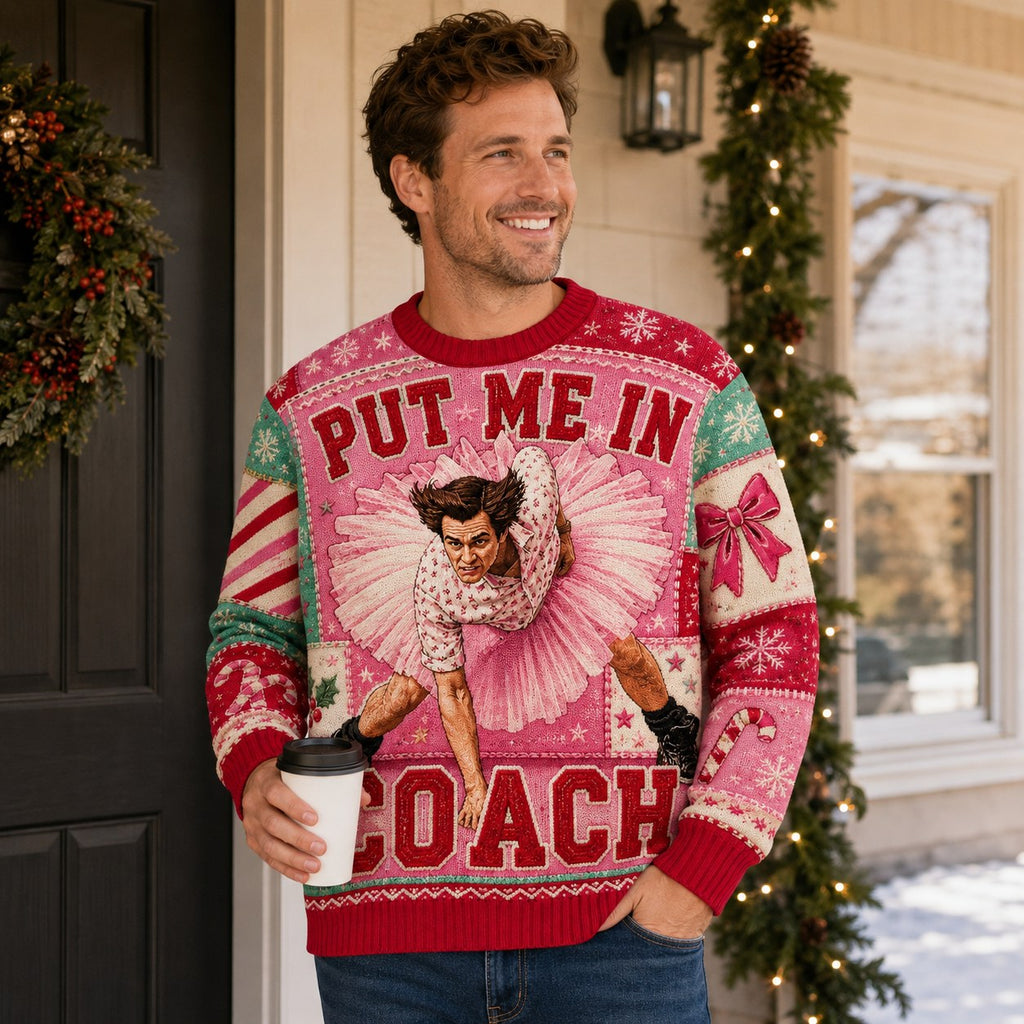 man holding a coffee cup in a pink put me in coach