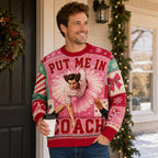 man holding a coffee cup in a pink put me in coach