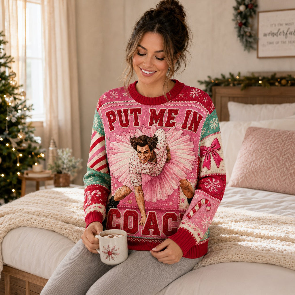 woman sitting on a bed in a pink put me in coach