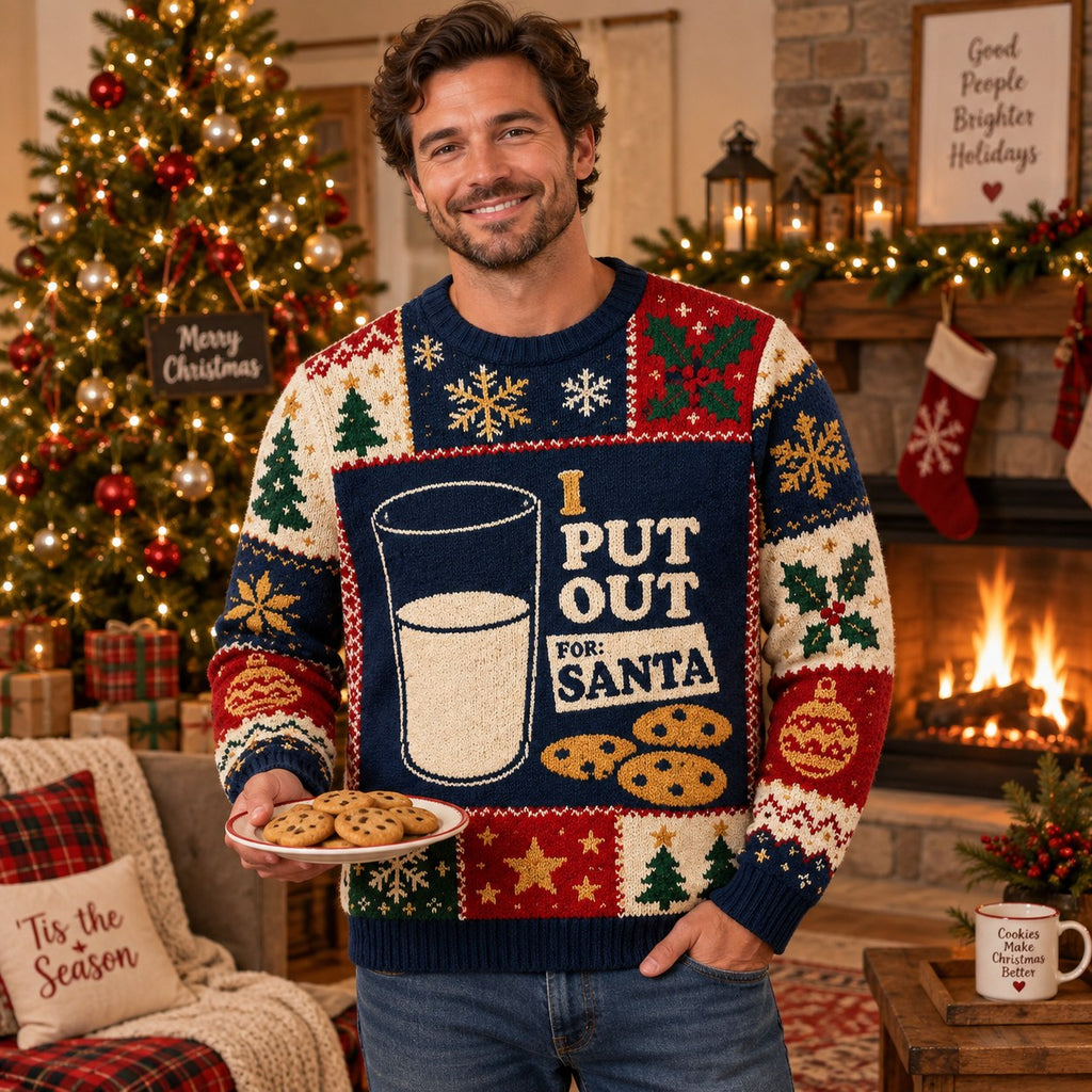 man in ugly christmas sweater holding a plate of cookies by the