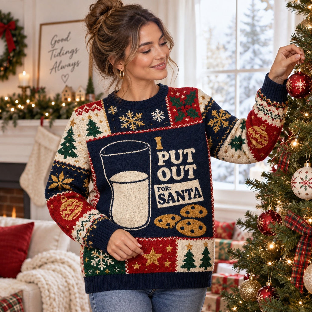 woman wearing an ugly christmas sweater hanging an ornament