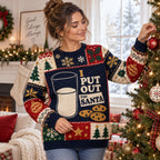 woman wearing an ugly christmas sweater hanging an ornament