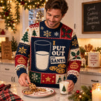 man smiling in an ugly christmas sweater with cookies and milk plate