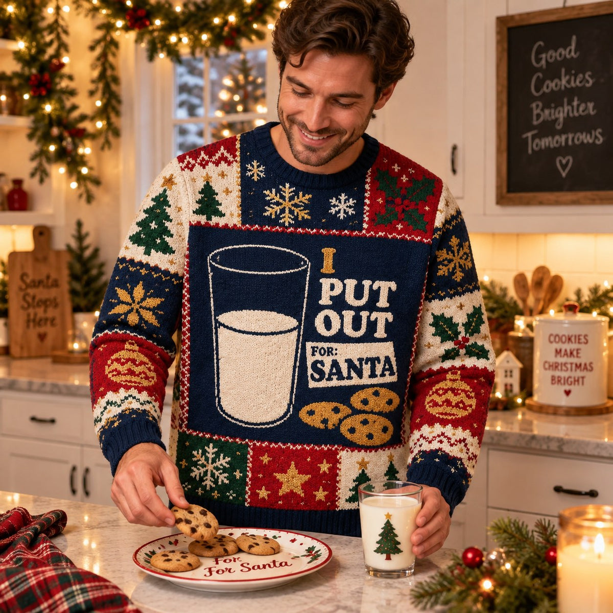 man smiling in an ugly christmas sweater with cookies and milk plate