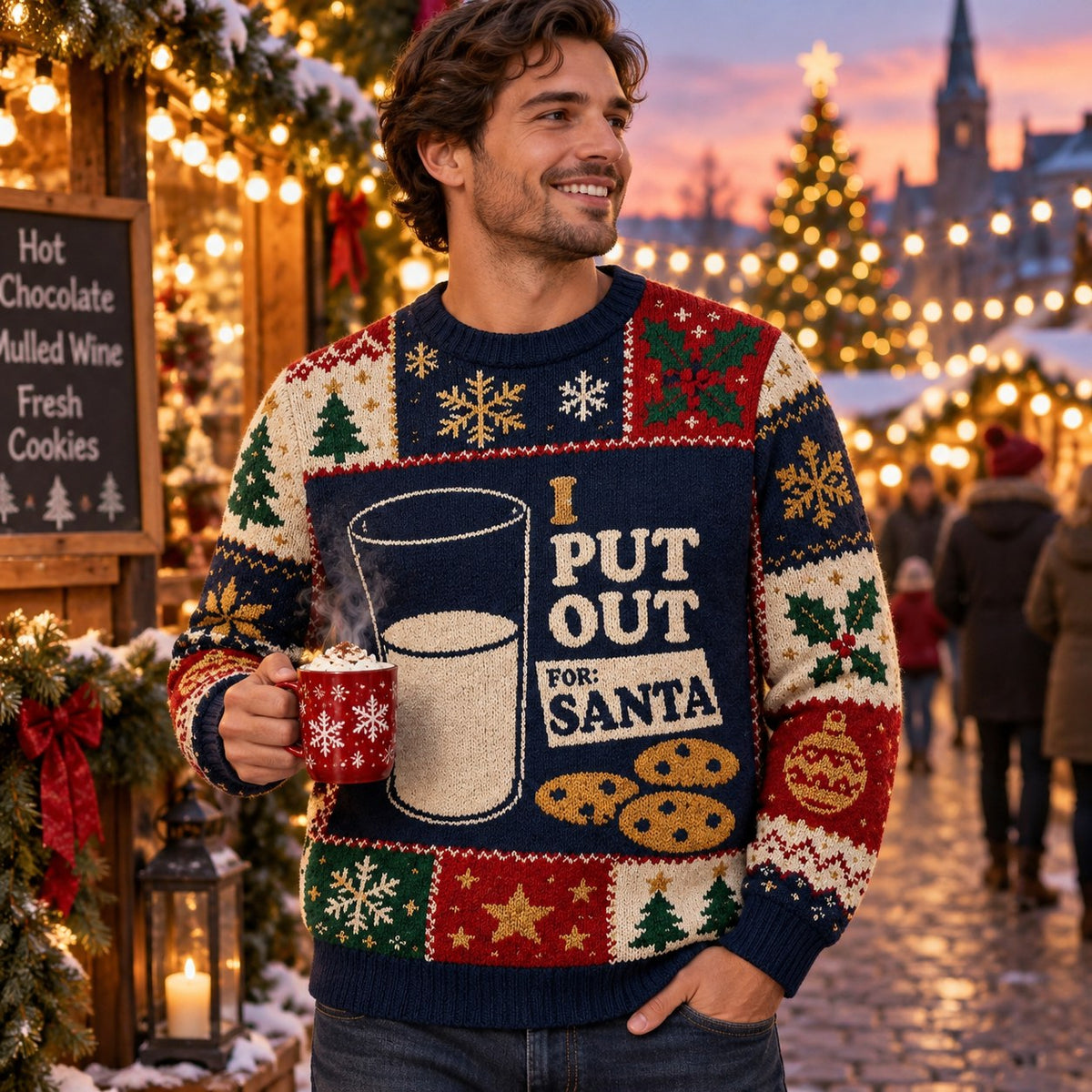 man outdoors in an ugly christmas sweater holding a mug of hot