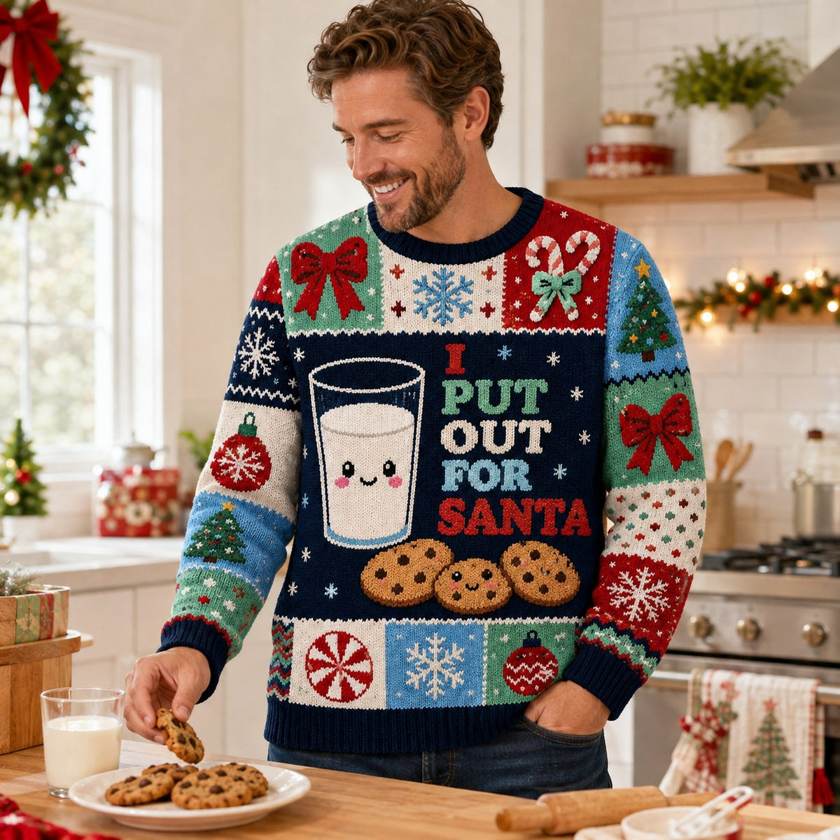 man wearing an ugly christmas sweater printed with a smiling glass of