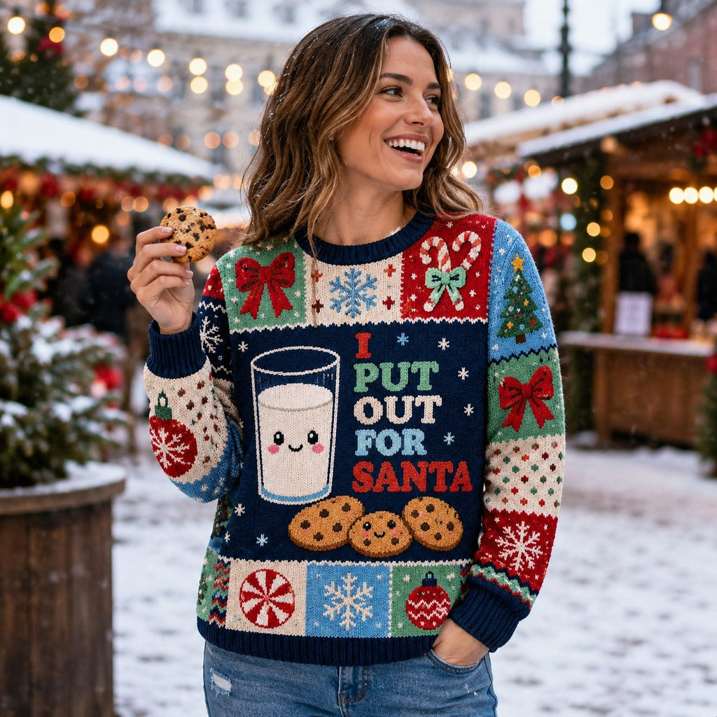 woman smiling and holding a chocolate chip cookie while wearing an ugly