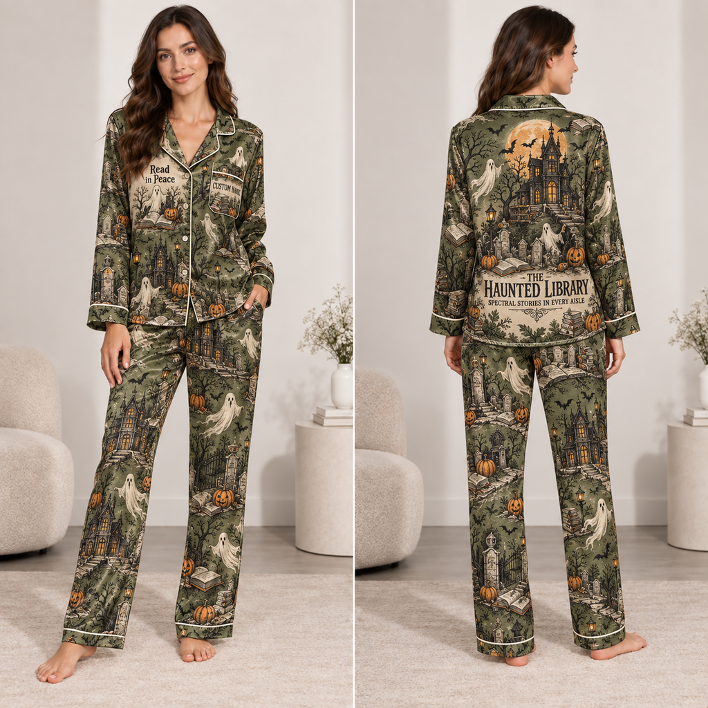woman wearing an olive green satin pajama set with a haunted library