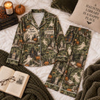 olive graveyard ghost satin pajamas flat lay with a custom name on the chest