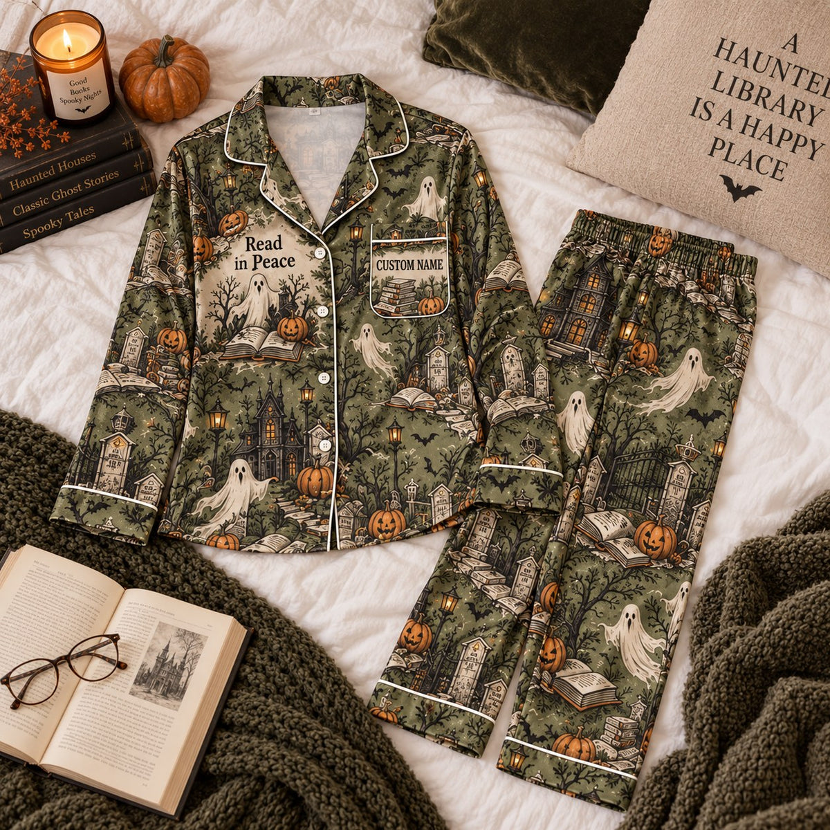 olive graveyard ghost satin pajamas flat lay with a custom name on the chest