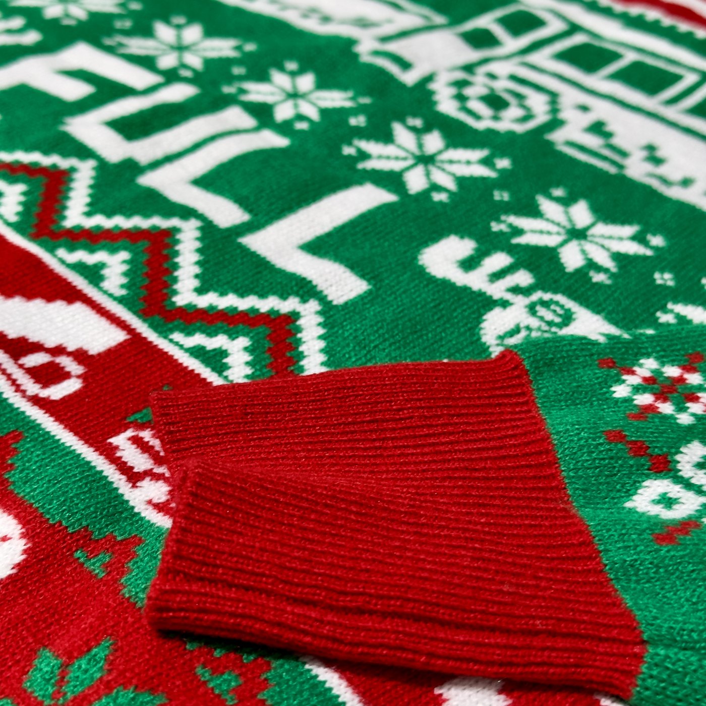 close-up of real knitted christmas sweater stitching