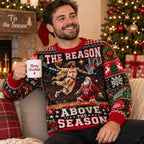 man wearing red ugly christmas sweater with and santa basketball design