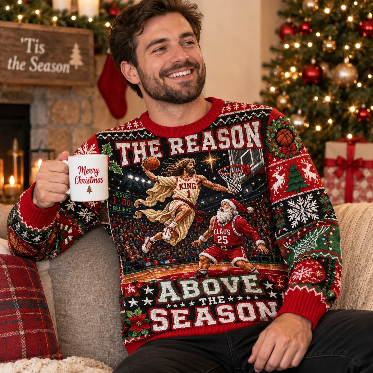 man wearing red ugly christmas sweater with and santa basketball design