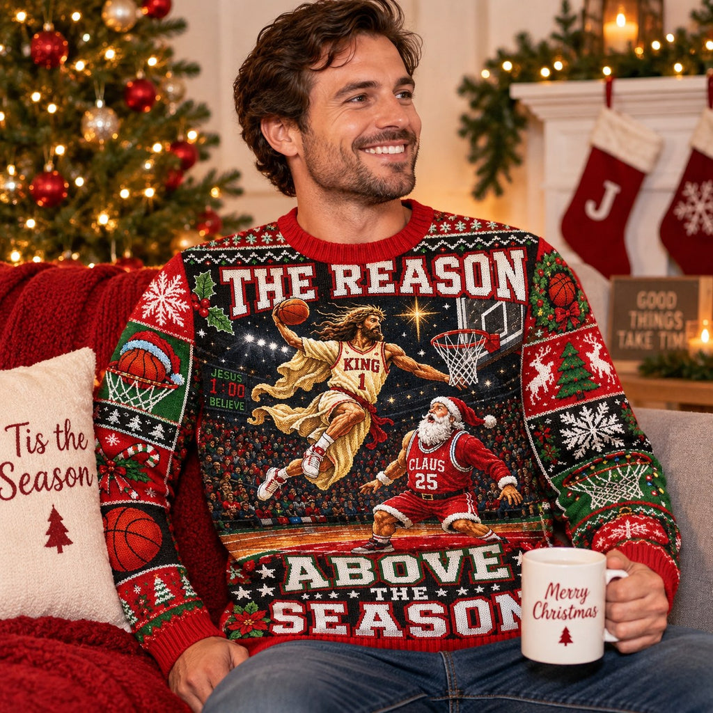 man in red christmas basketball jumper with king 1 and claus 25