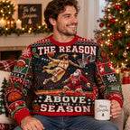 model smiling in red ugly sweater with versus santa basketball scene
