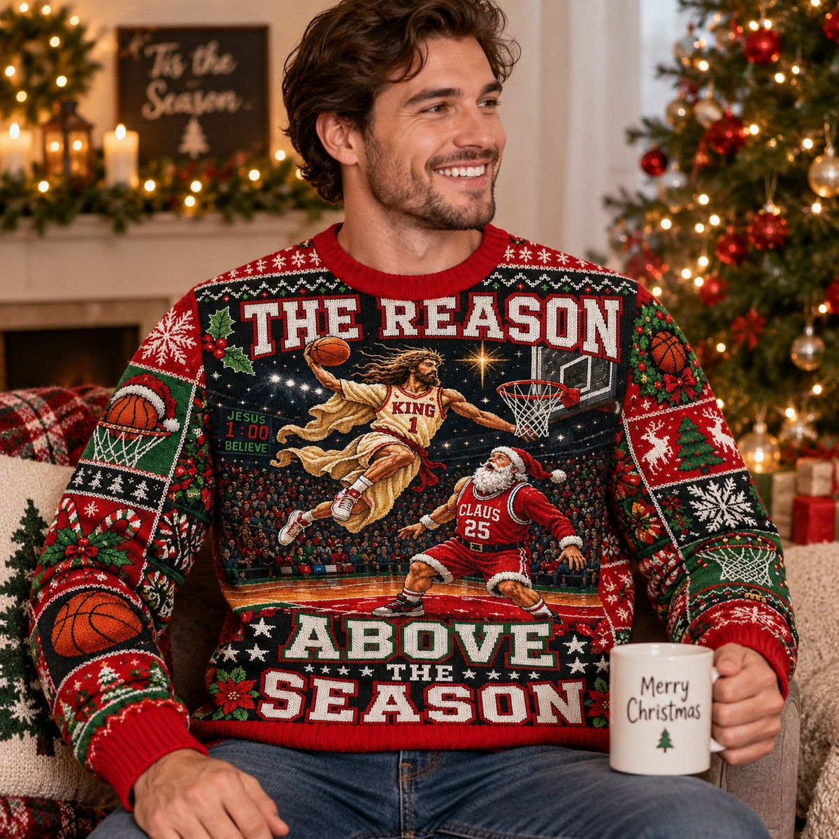 model smiling in red ugly sweater with versus santa basketball scene