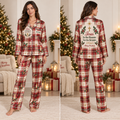 model wearing red and green plaid custom name christmas pajamas with is