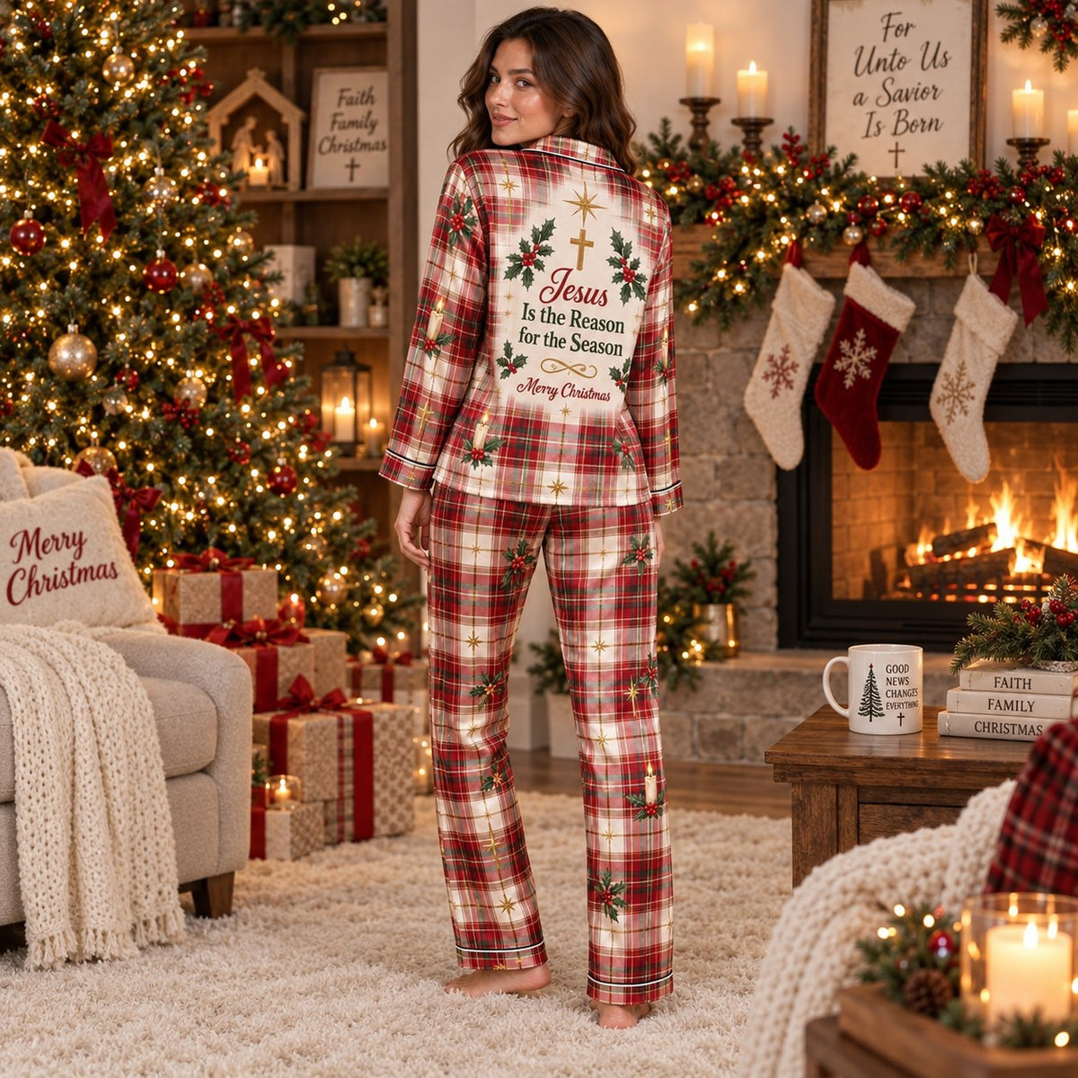 rear view of custom name plaid christmas pajama set