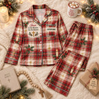 red plaid holly satin pajamas flat lay with a custom name on the chest
