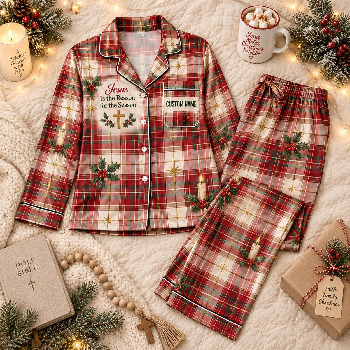 red plaid holly satin pajamas flat lay with a custom name on the chest