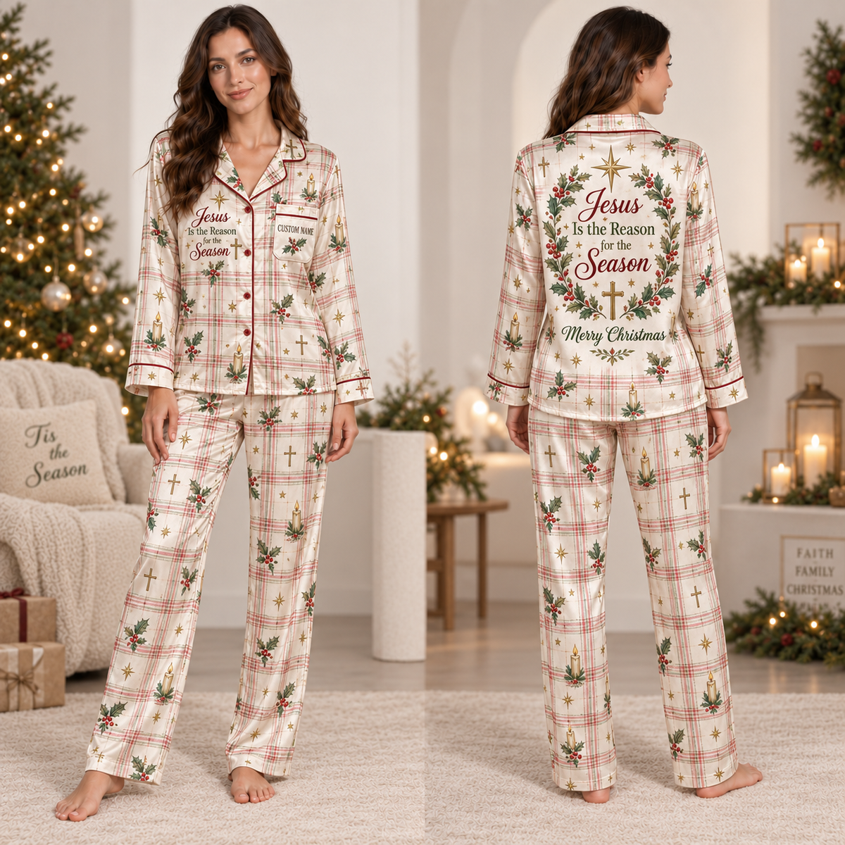 plaid satin pajamas with " Is the Reason for the Season" print