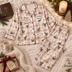 flat lay cream plaid holly satin pajamas with a custom name on the chest