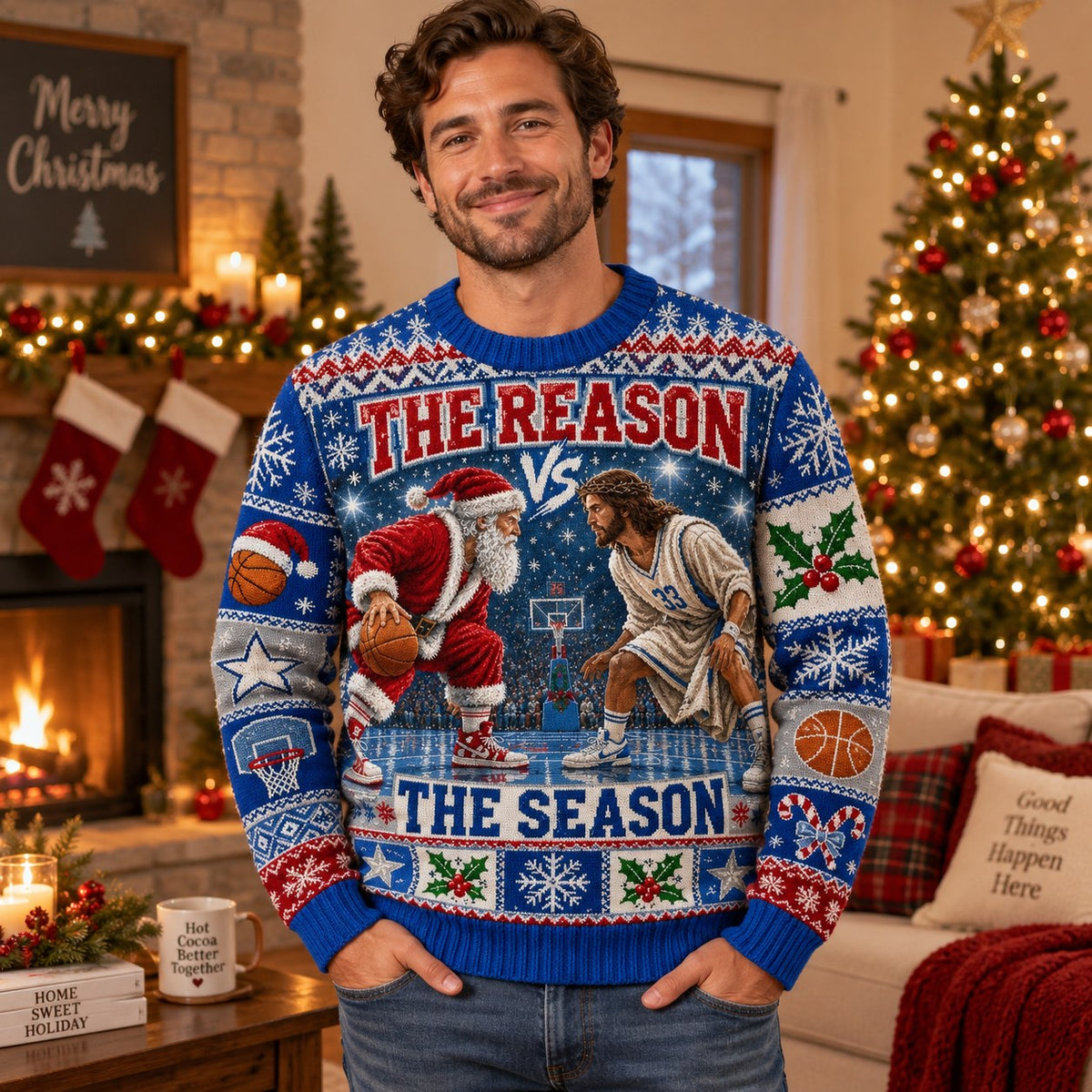man wearing the reason vs the season ugly christmas sweater indoors near