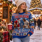 woman in beanie wearing the reason vs the season ugly christmas sweater