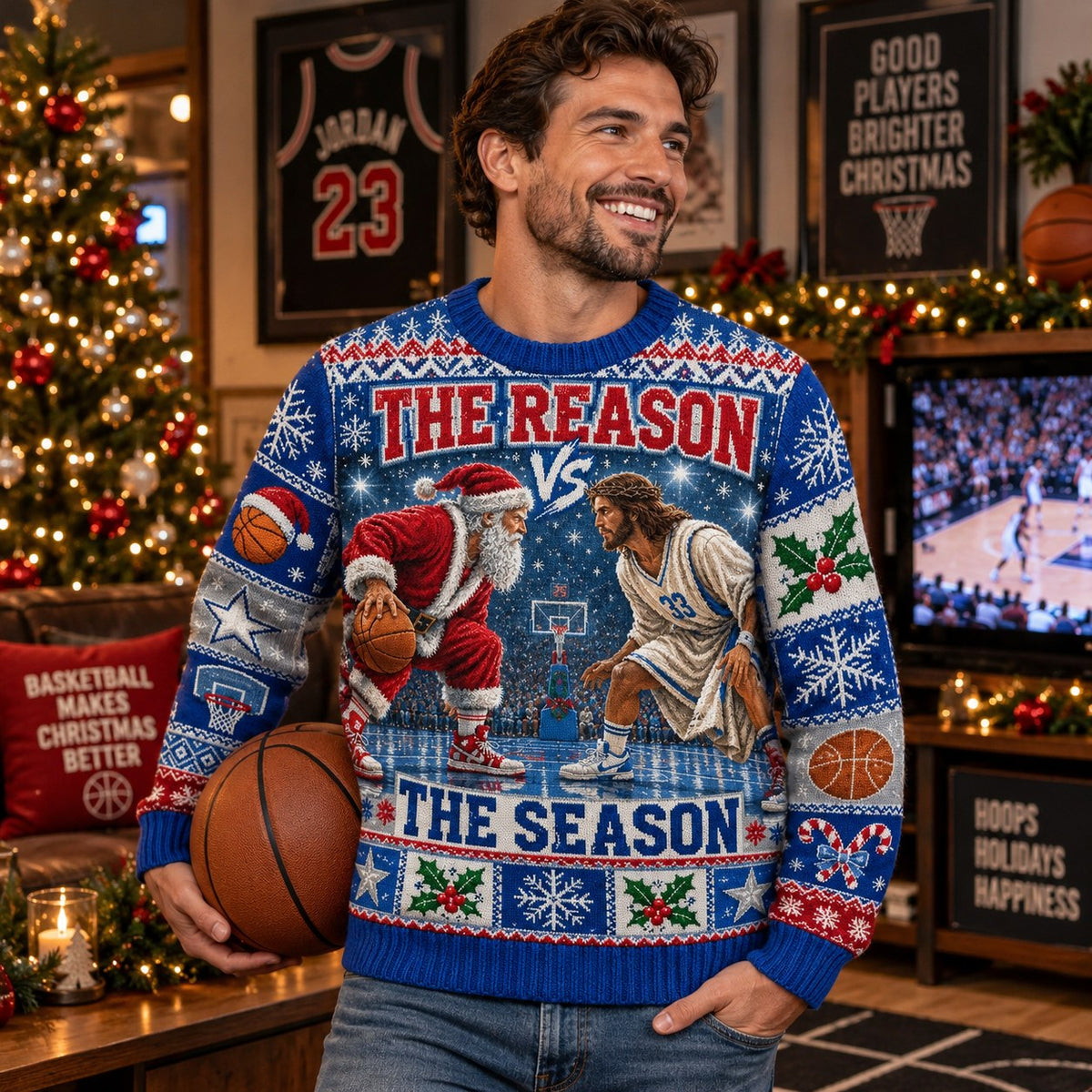 man holding a basketball in the reason vs the season ugly christmas
