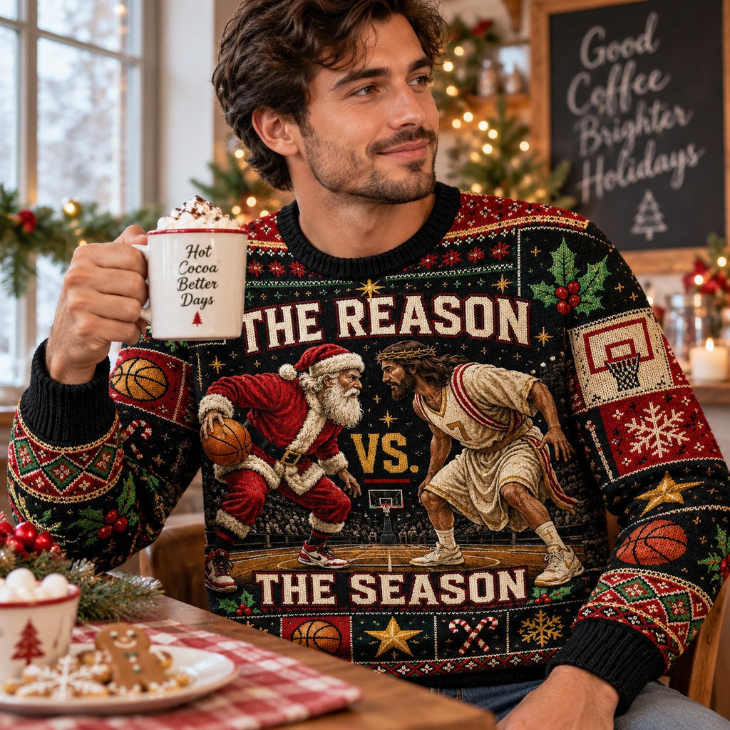 man in the reason vs the season ugly christmas sweater drinking hot