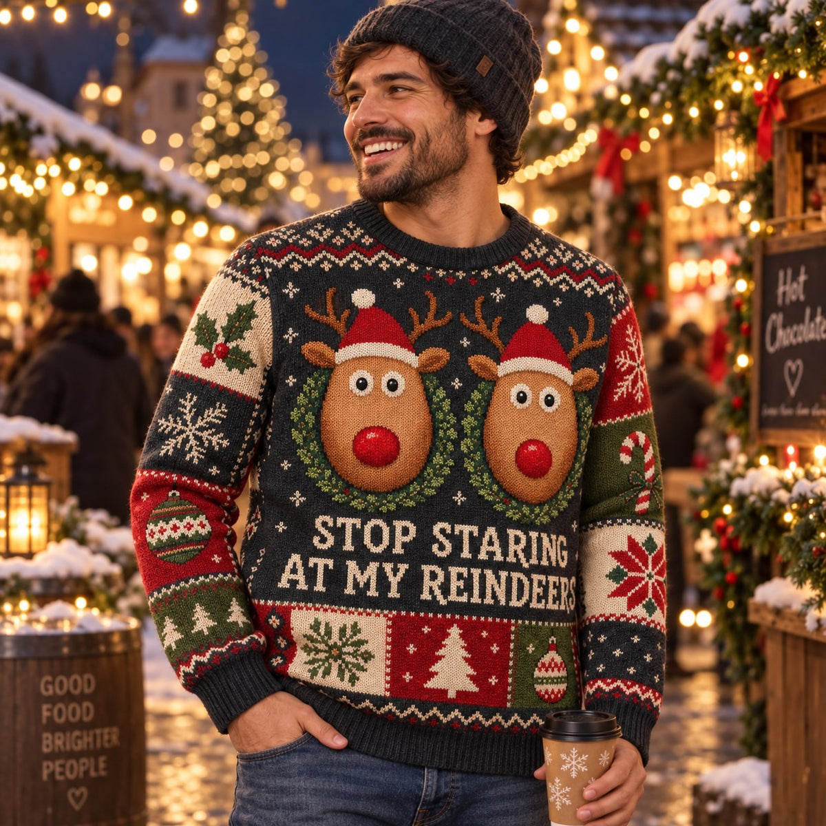 man in reindeer ugly christmas sweater standing at a snowy christmas market