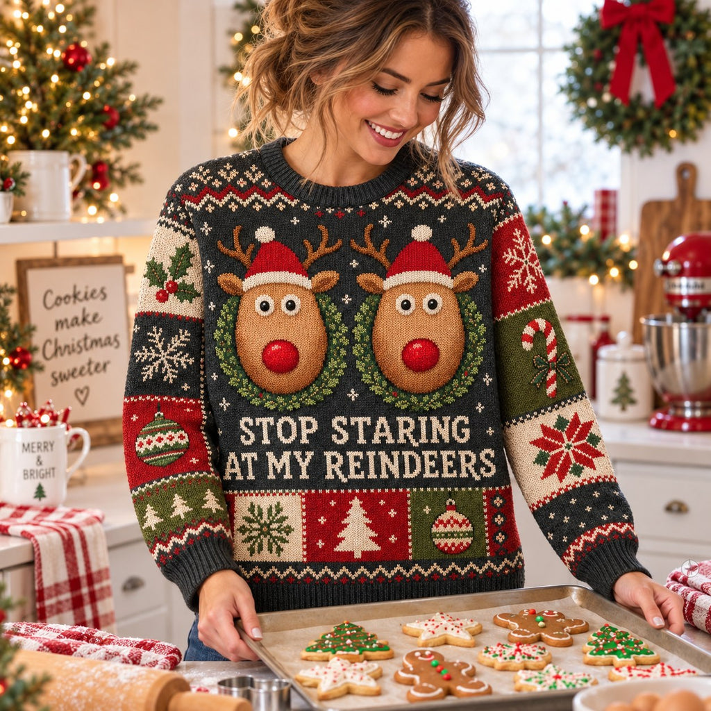 woman baking cookies in reindeer stop staring at my reindeers holiday sweater
