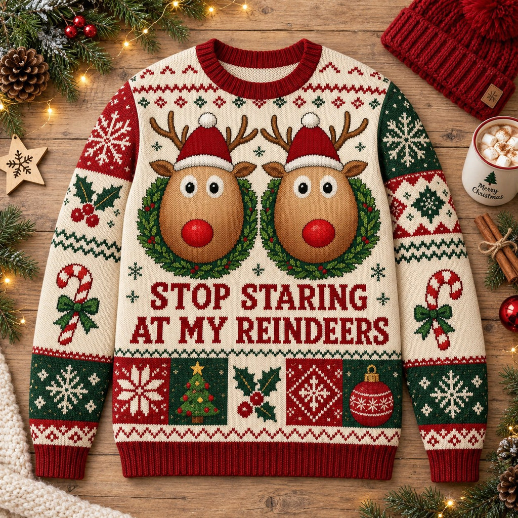 flat lay of a reindeer stop staring at my reindeers ugly christmas