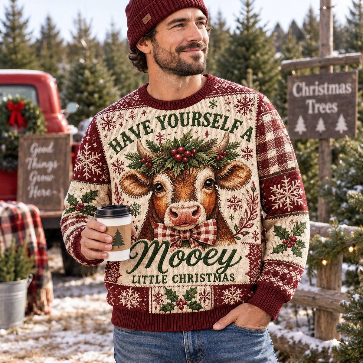 woman in reindeer ugly christmas sweater holding hot cocoa mug