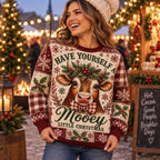 woman laughing in reindeer christmas sweater at outdoor market
