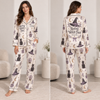 woman modeling satin pajama set printed with Resting Witch Face design, black