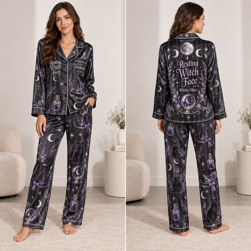 woman wearing resting witch face witchy vibes halloween satin pajama set full