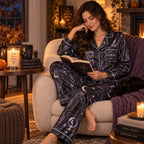 woman holding mug wearing resting witch face halloween satin pajamas