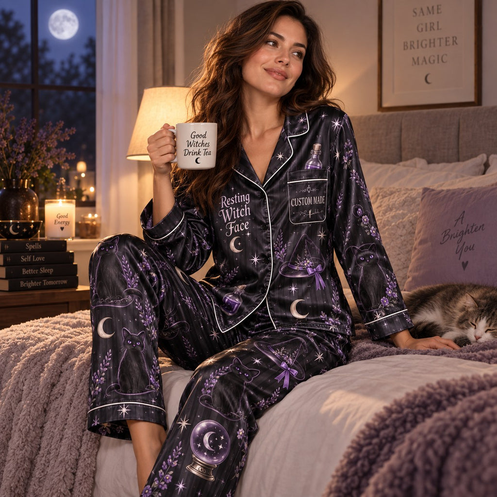 woman reading book in resting witch face witchy vibes halloween satin pajama
