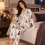 back view of halloween satin pajama set showing witch hat and Witchy