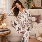 woman lounging in witchy halloween satin pajama set